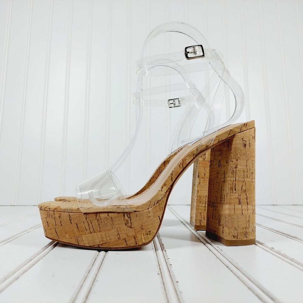 LikeNew Steve Madden Lessa Clear Platform Ankle Buckle Strap Heeled Sandals K608